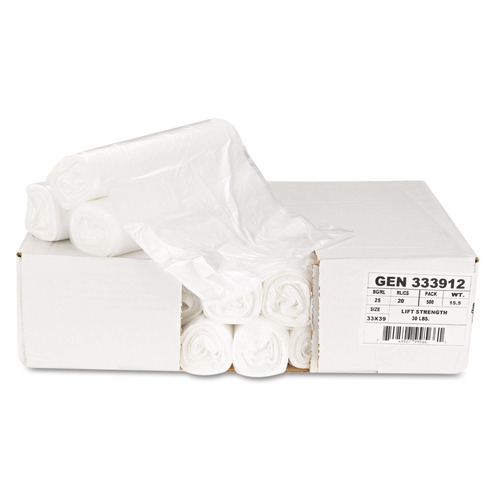 High-Density Trash Bags | Boardwalk Z6639LN GR1 33 Gallon 9 mic 33 in. x 39 in. High-Density Can Liners - Natural (25 Bags/Roll, 20 Rolls/Carton) image number 0