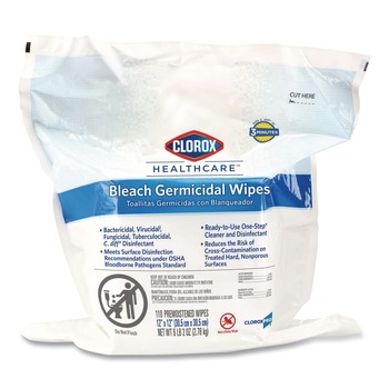 Clorox Healthcare 30359 12 in. x 12 in. 1-Ply Bleach Germicidal Wipes - Unscented, White (110/Pouch)