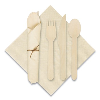 CUTLERY KITS | Hoffmaster 120030 Caterwrap 6 x 12 Pre-Rolled Napkins with Wood Cutlery - Kraft (100/Carton)