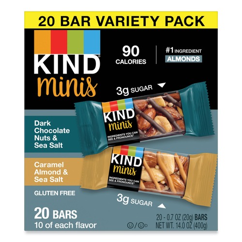 Meals & Snack Bars | KIND 27964 0.7 oz. Minis - Dark Chocolate Nuts and Sea Salt/Caramel Almond and Sea Salt (20/Pack) image number 0