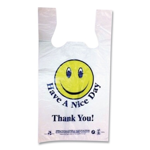 Shopping Bags | Barnes Paper Company T1-6SMILEY 11.5 in. x 21 in. 12.5 microns Smiley Face Shopping Bags - White (900/Carton) image number 0