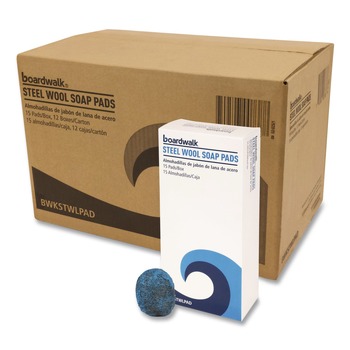 SCOURING PADS AND STICKS | Boardwalk 96130-M-BWK 3 in. x 2.5 in. Steel Wool Soap Pads - Blue (12 Boxes/Carton)