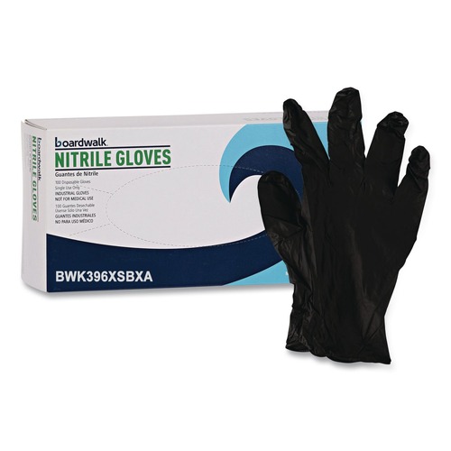 Food Service Disposable & Single Use Gloves | Boardwalk 396XSBXA 396 Series 9.5 in. Long 4.4 mil. Thick Powder-Free Disposable General-Purpose Nitrile Gloves - X-Small Black (100/Box) image number 0