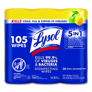 PRODUCTS | LYSOL Brand 19200-82159 7 in. x 7.25 in. 1-Ply Disinfecting Wipes - Lemon and Lime Blossom White (3/Pack)