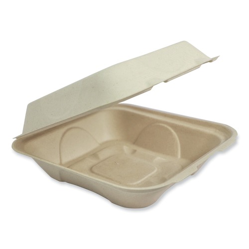 Food Containers & Lids | World Centric TO-SC-U9-LFP 9.2 in. x 9.1 in. x 3.2 in. Paper Fiber Hinged Containers - Natural (300/Carton) image number 0