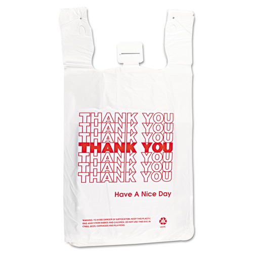 T-Sacks & Thank You Bags | Inteplast Group THW2VAL 12 in. x 7 in. x 23 in. HDPE T-Shirt Bags - White/Red (500/Carton) image number 0
