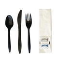 Cutlery Kits | Boardwalk BWKCOMBO6KIT 6-Piece 5.86 in. Plastic Fork/Knife/Napkin/Pepper/Salt/Spoon Cutlery Kit - Black (250/Carton) image number 1