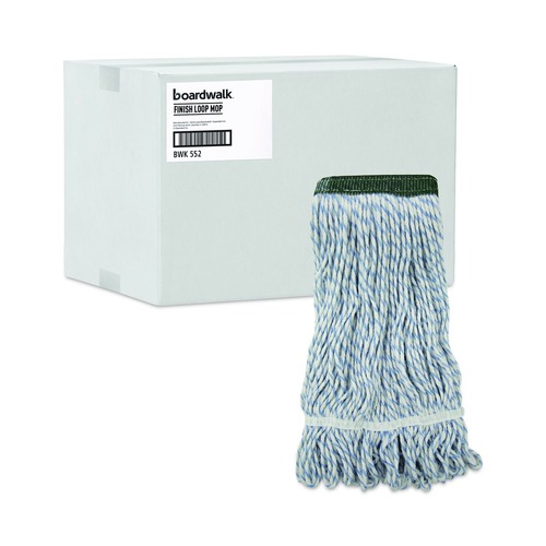 Mop Heads | Boardwalk BWK552 Rayon/Polyester Wide Floor Finish Mop Head - Medium, White/Blue (12/Carton) image number 0