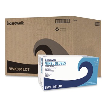 JANITORIAL DISPOSABLE AND SINGLE USE GLOVES | Boardwalk BWK361LCT 3-3/5 mil. Exam Vinyl Gloves - Large Clear (1000/Carton)
