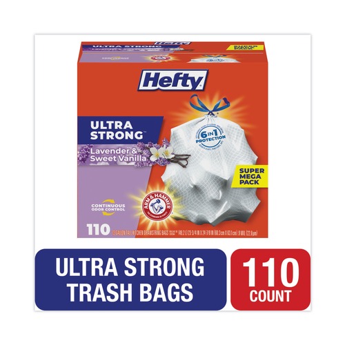 Drawstring & Kitchen Bags | Hefty E88366 Ultra Strong Lavender/Vanilla 13 Gallon 23.75 in. x 24.88 in. Extra Heavy-Duty Scented Drawstring Tall Kitchen Bags - White (110/Box) image number 0