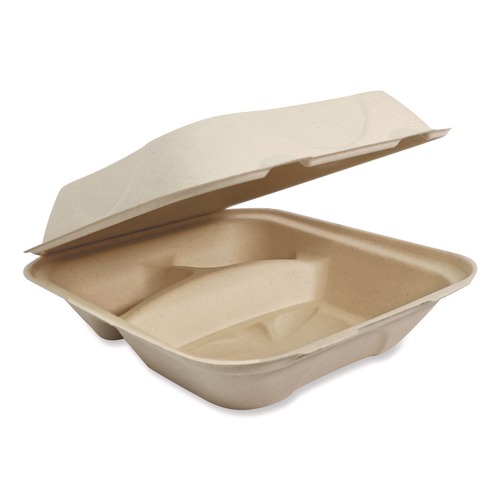Food Containers & Lids | World Centric TO-SC-U8T-LFP 3-Compartment 8.8 in. x 8.2 in. x 2.9 in. Paper Fiber Hinged Containers - Natural (300/Carton) image number 0