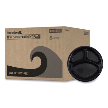 Boardwalk BWKPLTHIPS10BL3 10 in. Diameter 3-Compartment Hi-Impact Plastic Dinner Plates - Black (500/Carton)