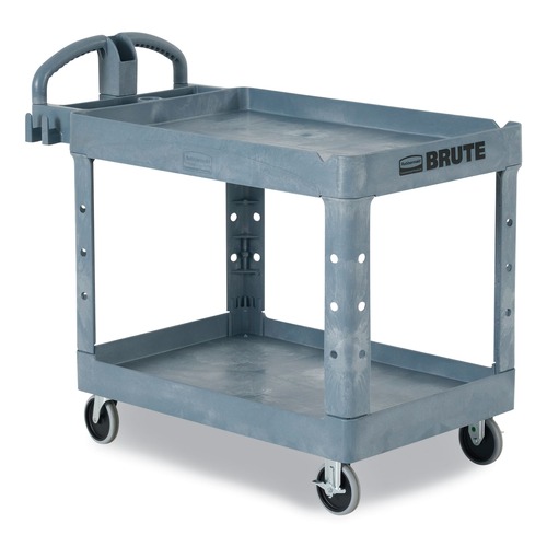 Carts | Rubbermaid Commercial 2192464 BRUTE Heavy-Duty Ergo Handle Utility Cart Plastic Two Shelves 500 lb Capacity 25.5-in x 44-in x 39-in Gray image number 0