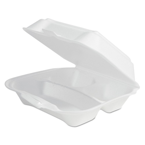Food Containers & Lids | Plastifar 12039 7.81 in. x 8.75 in. x 3.38 in. Secure One Tab Latch 3 Compartments Foam Hinged Lid Container - White (200/Pack) image number 0