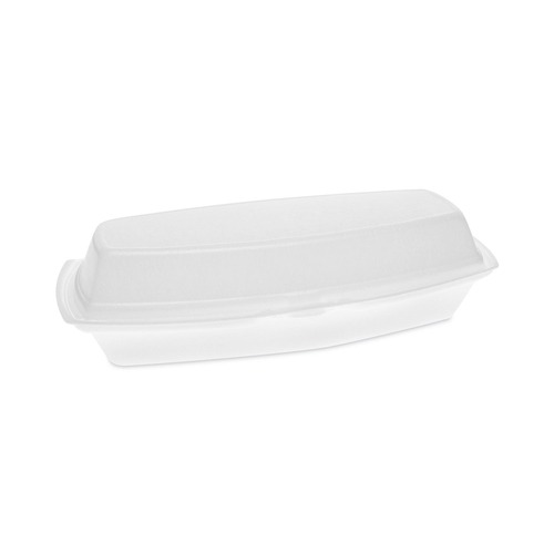 Food Containers & Lids | Pactiv Corp. YTH100980000 7.25 in. x 3 in. x 2 in. Single Tab Lock Hot Dog Foam Hinged Lid Containers - White (504/Carton) image number 0
