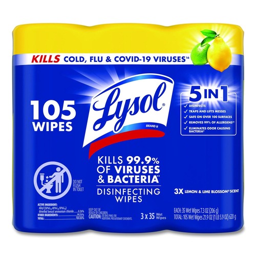 Cleaning Cloths & Wipes | LYSOL Brand 19200-82159 7 in. x 7.25 in. 1-Ply Disinfecting Wipes - Lemon and Lime Blossom White (3/Pack) image number 0