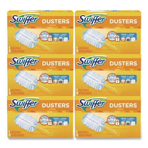 Dusters | Swiffer 11804 Dusters Starter Kit with Dust Lock Fiber and 6 in. Handle - Blue/Yellow (6/Carton) image number 0