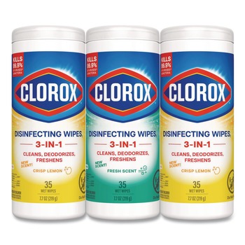 Clorox 30112 7 in. x 8 in. 1-Ply Disinfecting Wipes - Fresh Scent/Citrus Blend, White (35/Canister, 3 Canisters/Pack)