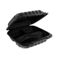 Food Containers & Lids | Pactiv Corp. YCNB08030000 EarthChoice SmartLock 3-Compartment 8.3 in. x 8.3 in. x 3.4 in. Plastic Microwavable MFPP Hinged Lid Container - Black (200/Carton) image number 0