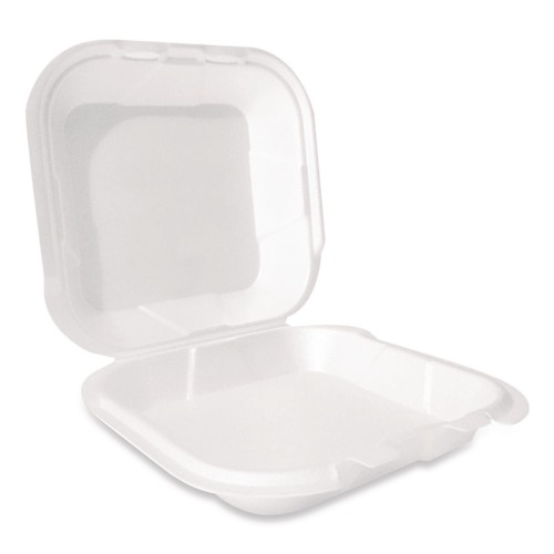 Food Containers & Lids | Plastifar 12095 9 in. x 9 in. x 3 in. Secure Two Tab Latch Poly Bag Foam Hinged Lid Container - White (200/Carton) image number 0