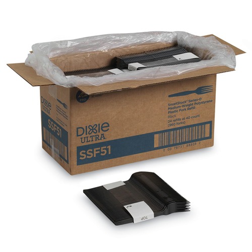 Disposable Forks | Dixie SSF51 SmartStock Series-O 6.5 in. Mediumweight Plastic Cutlery Forks Refill - Black (40/Pack, 24 Packs/Carton) image number 0