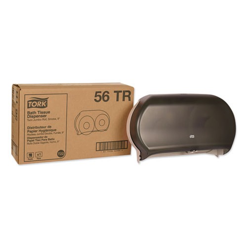Toilet Tissue Dispensers | Tork 56TR 19.29 in. x 5.51 in. x 11.83 in. Twin Jumbo Roll Bath Tissue Dispenser - Smoke/Gray (1/Carton) image number 0