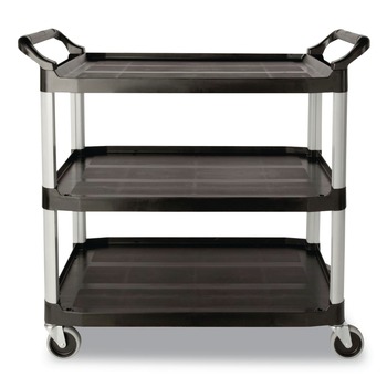 Rubbermaid Commercial FG409100BLA 40.63 in. x 20 in. x 37.81 in. 300 lbs. Capacity 3 Shelves Plastic Xtra Utility Cart with Open Sides - Black