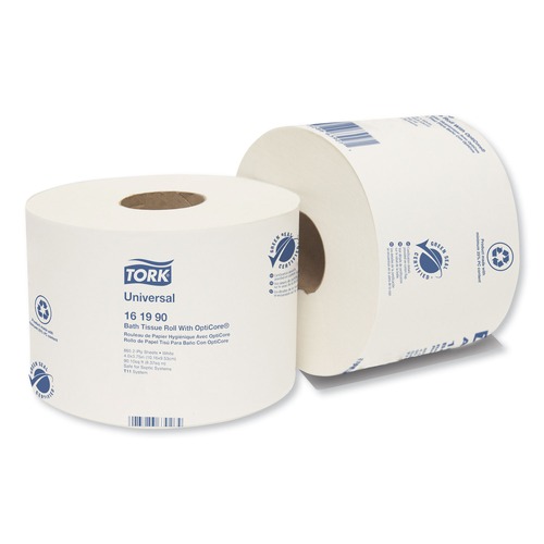 Perforated Roll & Hand Towels | Tork 161990 2-Ply Septic Safe Universal Bath Tissue Roll with OptiCore - White (36/Carton) image number 0