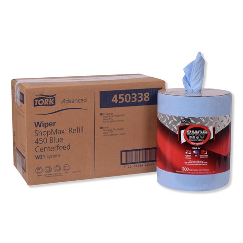 Perforated Roll & Hand Towels | Tork 450338 Advanced ShopMax Wiper 450 Centerfeed Refill - Blue (2/Carton) image number 0