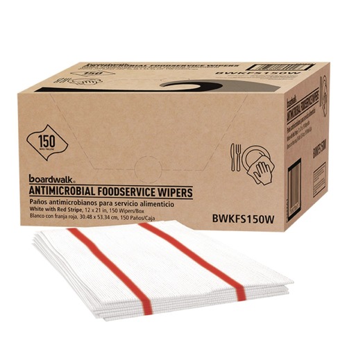 Cleaning Cloths & Wipes | Boardwalk 3282 1-Ply 12 in. x 21 in. Antimicrobial Foodservice Wipers - Red/White (150/Carton) image number 0