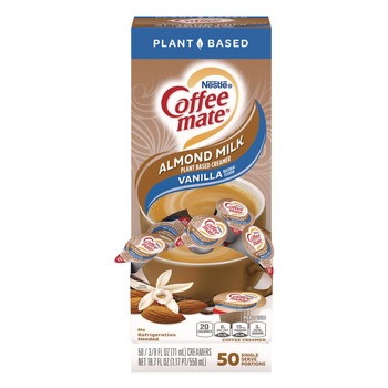 Coffee-Mate 12461537 0.38 oz Mini Cups Plant-Based Almond Milk Non-Dairy Liquid Creamer Singles - Natural Vanilla (50/Box)