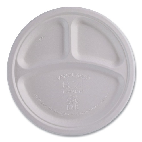 Plates | Eco-Products EP-P007NFA Vanguard 10 in. diameter 3-Compartment Renewable and Compostable Sugarcane Plates - White (500/Carton) image number 0
