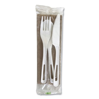 TABLETOP | World Centric AS-PS-TNL TPLA Compostable Fork/Knife/Spoon/Napkin Cutlery - White (250/Carton)