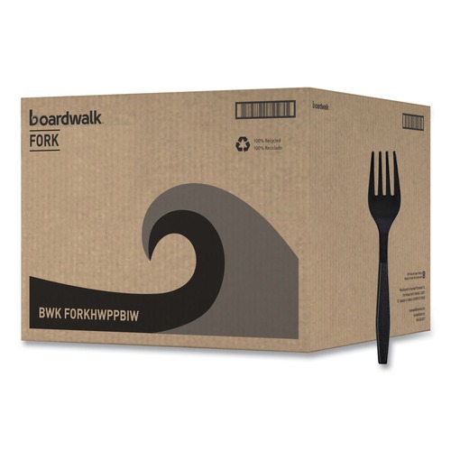 Disposable Forks | Boardwalk BWKFORKHWPPBIW Heavyweight Wrapped Polypropylene Fork Cutlery - Black (1000/Carton) image number 0