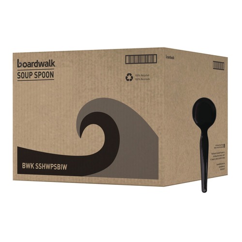Disposable Spoons | Boardwalk BWKSSHWPSBIW Heavyweight Wrapped Polystyrene Soup Spoons - Black (1000/Carton) image number 0