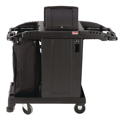 Perforated Roll & Hand Towels | Suncast Commercial HKCCH200 23.25 in. x 53.22 in. x 53.06 in. 1 Shelf Plastic Compact Premium Housekeeping Cart - Black image number 0