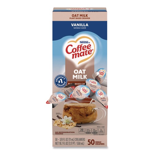 Creamers | Coffee-Mate 12536842 0.38 oz Mini Cups Plant-Based Oat Milk Liquid Creamers - Natural Vanilla (50/Box) image number 0