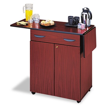 REFRESHMENT STATIONS | Safco 8962MH 32.5 in. to 56.25 in. x 20.5 in. x 38.75 in. 1 Drawer 3 Shelves Engineered Wood Hospitality Cart with Drop Leaves - Mahogany