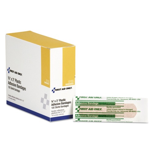 Bandages | First Aid Only G155 3 in. x 0.75 in. Plastic Adhesive Bandages (100/Box) image number 0