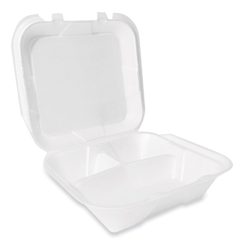 Food Containers & Lids | Plastifar 12094 9 in. x 9 in. x 3 in. Secure Two Tab Latch Poly Bag 3 Compartments Foam Hinged Lid Container - White (200/Carton) image number 0