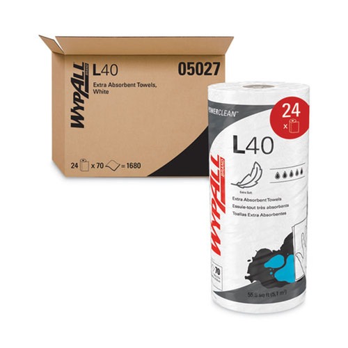 Perforated Roll & Hand Towels | WypAll 05027 L40 Small Roll 10.4 in. x 11 in. Towels - White (70/Roll, 24 Rolls/Carton) image number 0