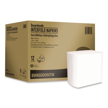 DISPENSER NAPKINS | Boardwalk BWK6000INTW 6.3 in. x 8.5 in. 1-Ply Interfold Napkins - White (12/Carton)