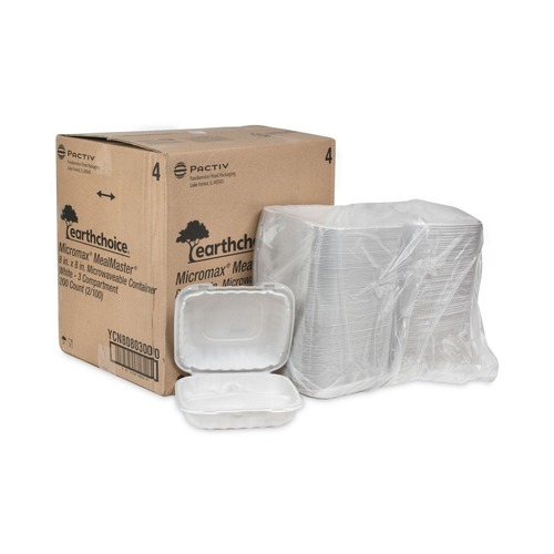 Food Containers & Lids | Pactiv Corp. YCN808030000 EarthChoice SmartLock 8.31 in. x 8.35 in. x 3.1 in. Microwaveable MFPP 3-Compartment Hinged Lid Containers - White (200/Carton) image number 0