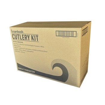 CUTLERY KITS | Boardwalk BWK4COMBOKITPP 4-Piece Mediumweight Polypropylene Plastic Fork/Knife/Napkin/Spoon Cutlery Kit - White (250/Carton)