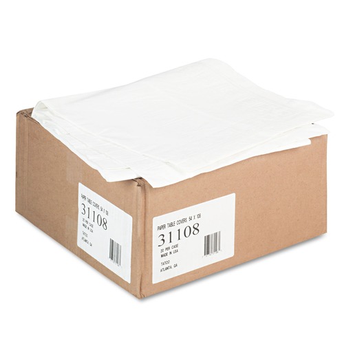 Table Covers & Skirts | Tatco 31108 54 in. x 108 in. Embossed Paper with Plastic Liner Paper Table Cover - White (20/Carton) image number 0