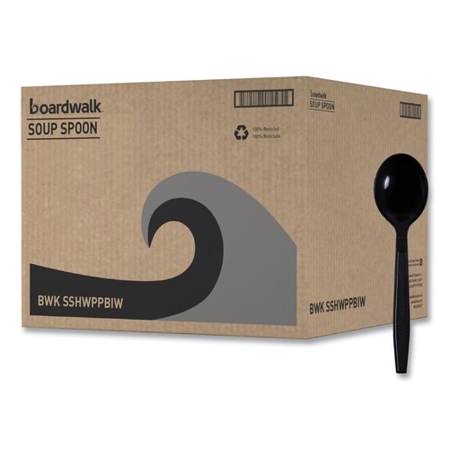 Disposable Spoons | Boardwalk BWKSSHWPPBIW Heavyweight Wrapped Polypropylene Soup Spoons - Black (1000/Carton) image number 0