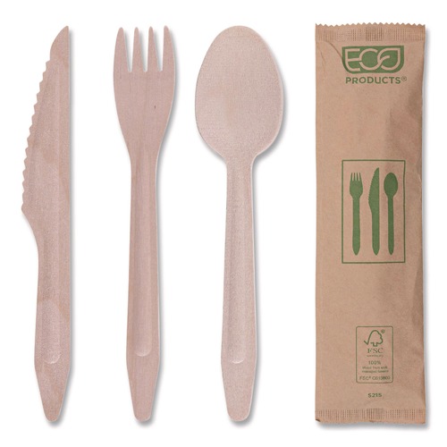 Cutlery Kits | Eco-Products EP-S215 General Purpose Fork/Knife/Napkin/Spoon Wood Cutlery - Natural (500/Carton) image number 0