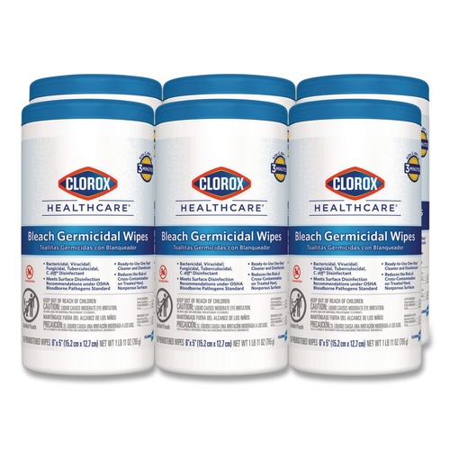 Cleaning Cloths & Wipes | Clorox Healthcare 30577 6 in. x 5 in. 1-Ply Bleach Germicidal Wipes - Unscented, White (150/Canister, 6 Canisters/Carton) image number 0