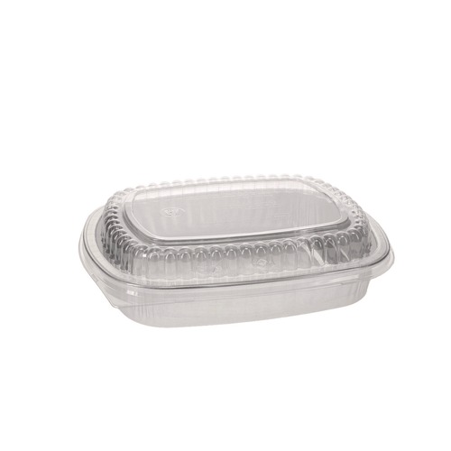 Food Containers & Lids | Pactiv Corp. Y6710PET 9.8 in. x 7.8 in. x 1.3 in. 46 oz. Classic Carry-Out Aluminum Container with PET Dome Lid - Silver/Clear (50/Carton) image number 0