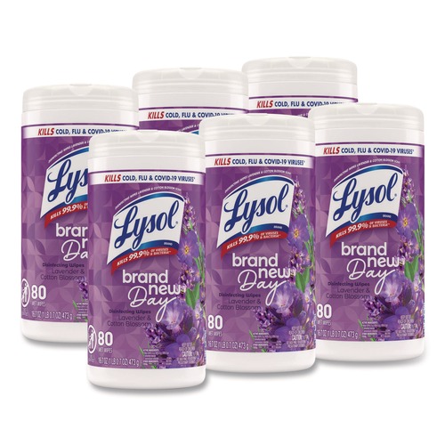 Cleaning Cloths & Wipes | LYSOL Brand 19200-56264 Disinfecting Wipes, 1-Ply, 7 x 7.25, Lavender and Cotton Blossom, White, 80 Wipes/Canister, 6 Canisters/Carton image number 0